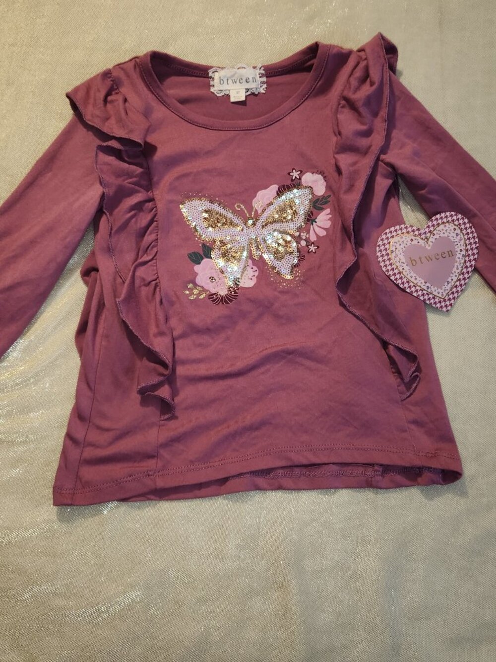 Btween Girls Butterfly Ruffle Top 3T Purple Sequin Long Sleeve Shirt NEW